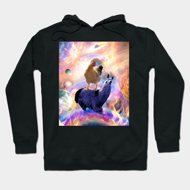 Chicken Riding Llama In Space - Rainbow Hoodie by Random Galaxy